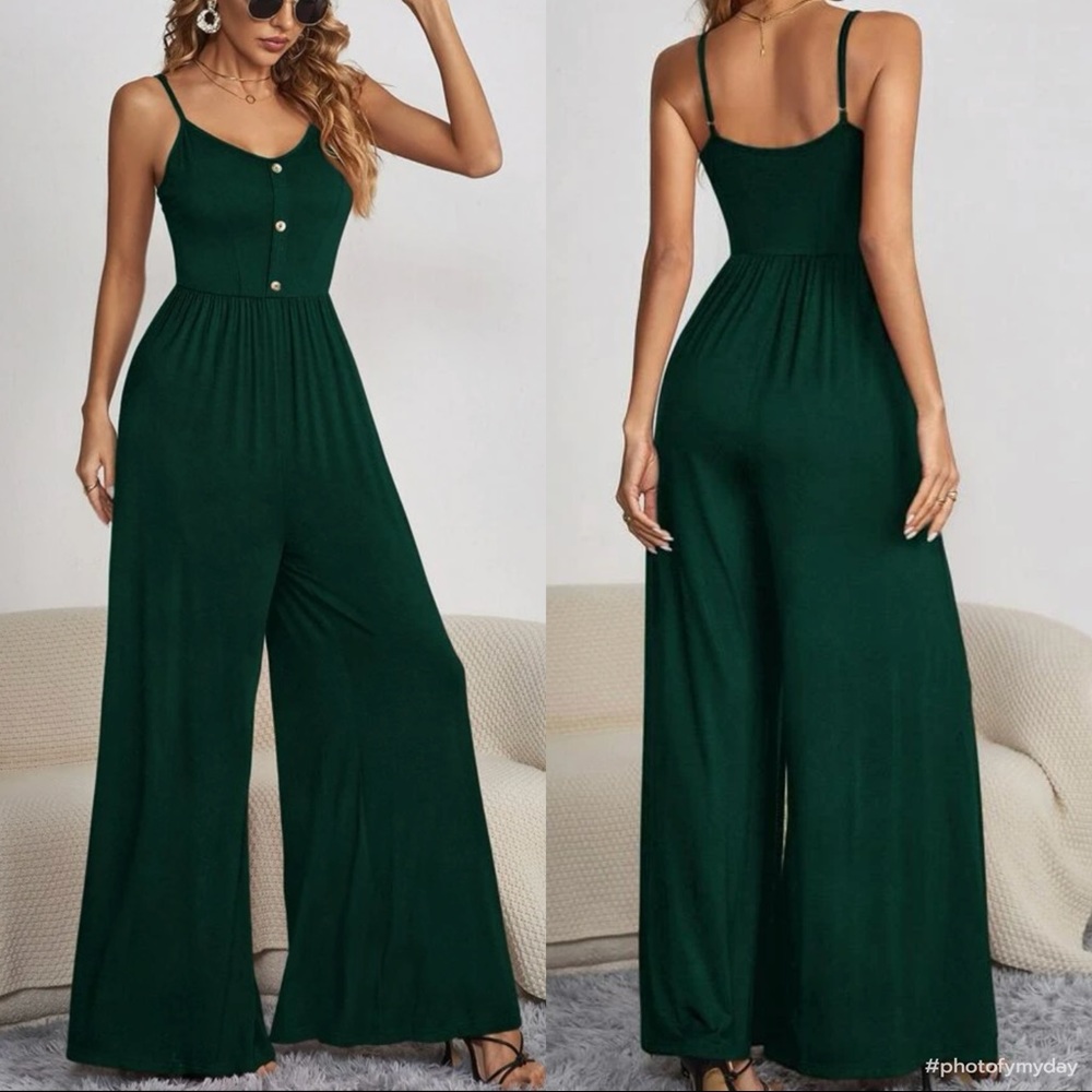 Boho button detail spaghetti straps Wide Leg jumpsuit GREEN - Picture 11 of 15